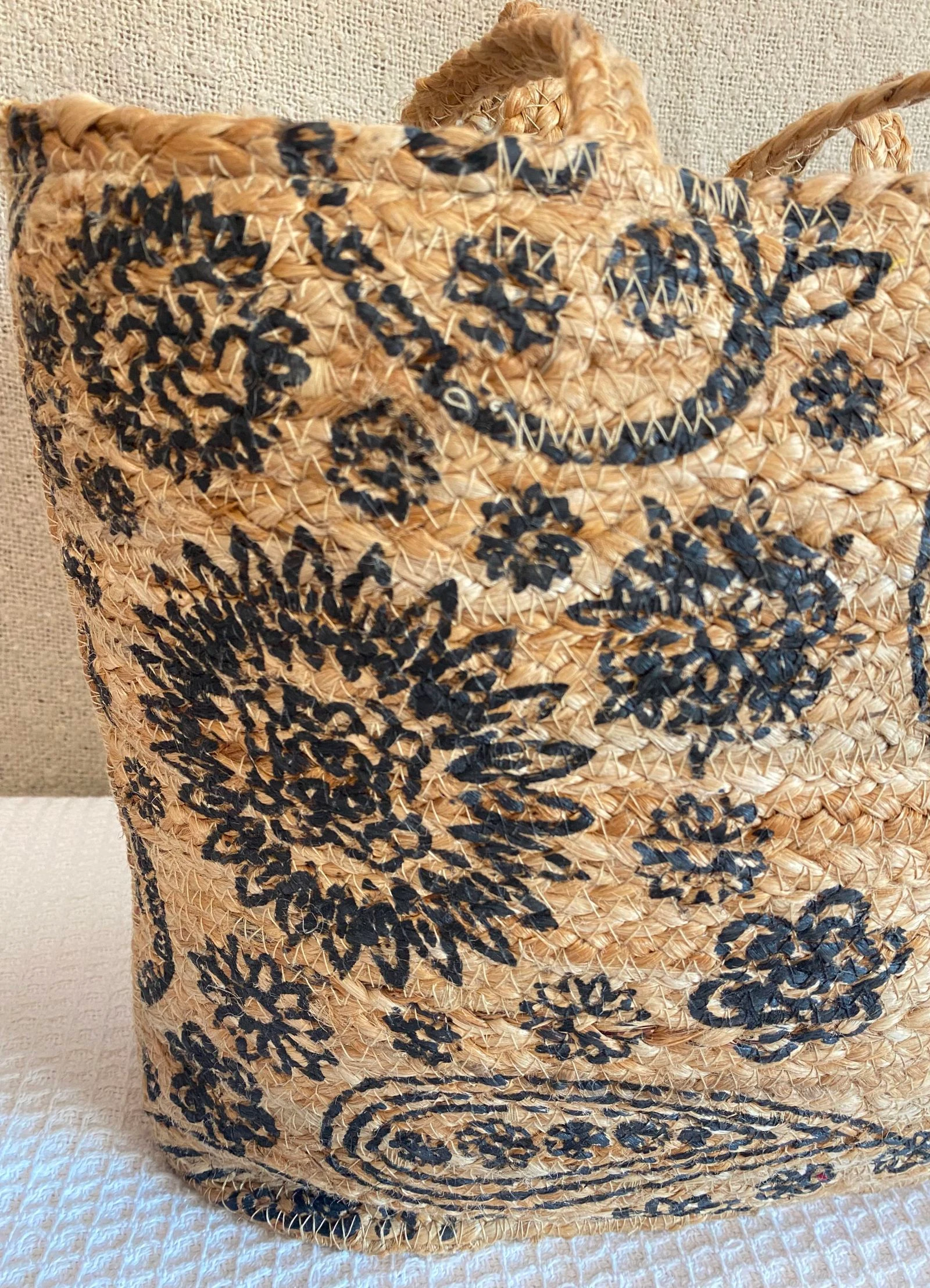 Grote jute tote tas met zwarte bloemen – photo 2